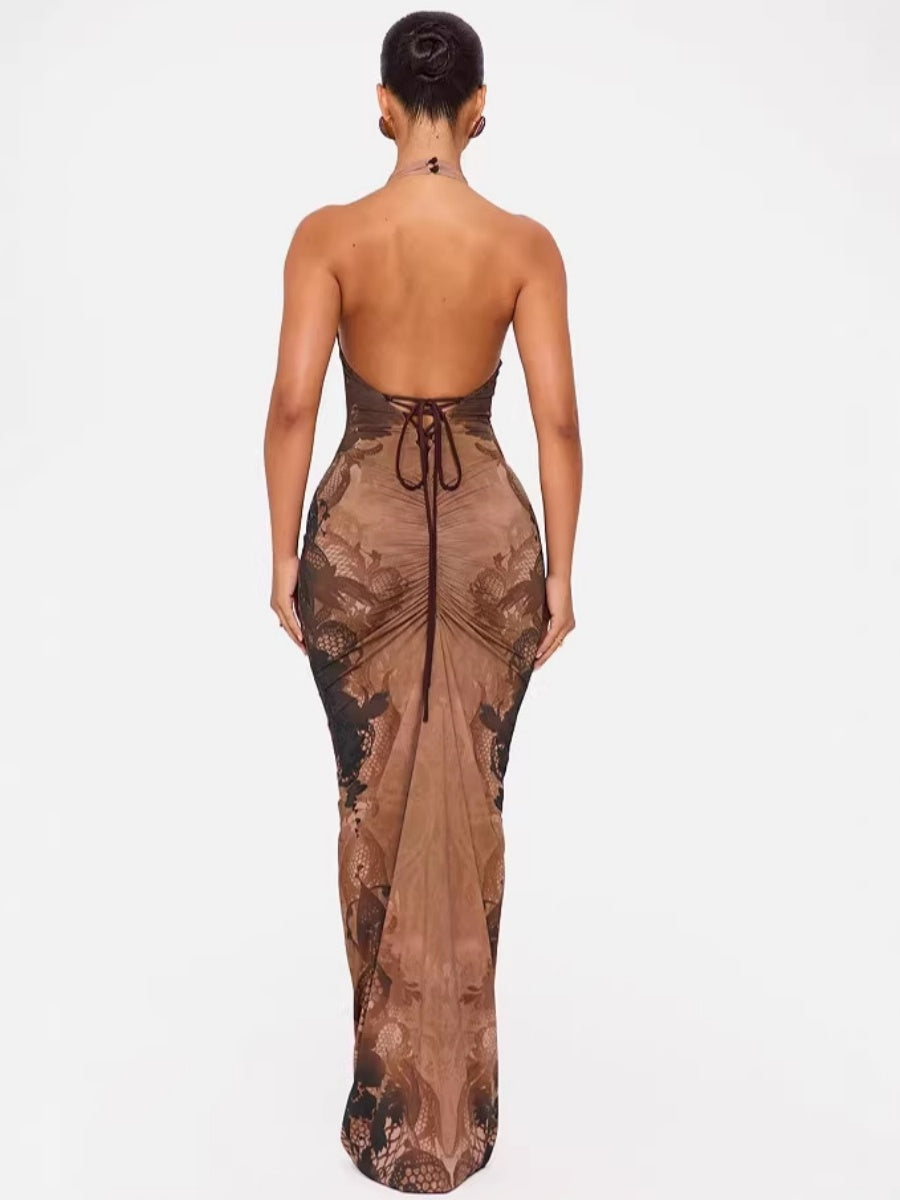 Halter French Backless Printed Formal Dress Maxi Dresses
