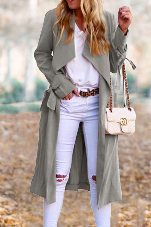 Drap Front Tie Waist Solid Fall Midi Cardigan