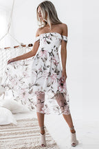 Floral Print Off Shoulder Organza Overlay Fit and Flare Midi Dress
