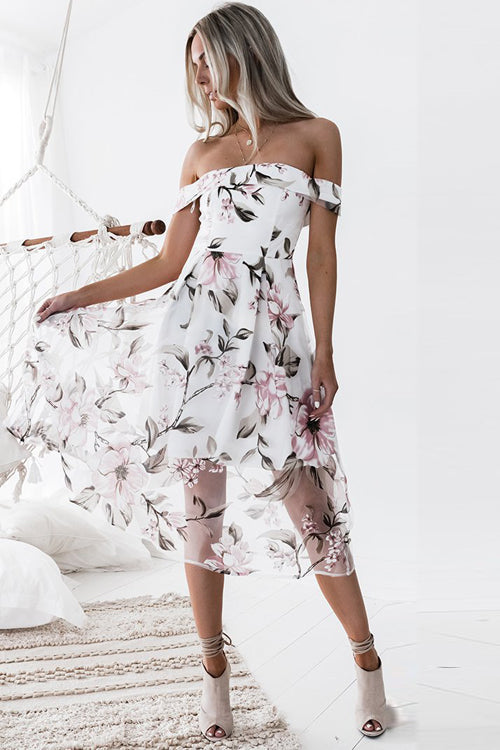 Floral Print Off Shoulder Organza Overlay Fit and Flare Midi Dress