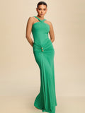 Metal Decoration Cross Shoulder Straps Hip Wrap Pleated Maxi Dresses