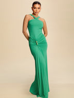 Metal Decoration Cross Shoulder Straps Hip Wrap Pleated Maxi Dresses