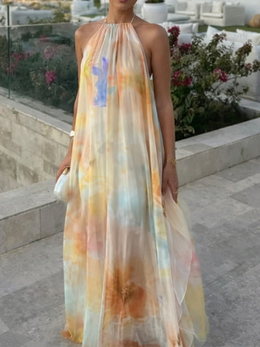 Halter Big Backless Bandage Loose-fit Printed Maxi Dresses