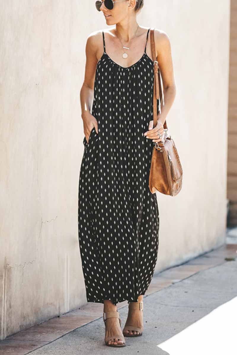 Polka Dot Print Scoop Neck Spaghetti Strap Pocket Maxi Dress