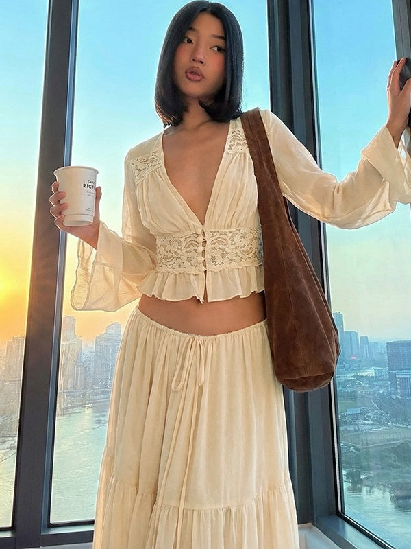 Two-piece Set: Lace Chiffon Cardigan Top, Loose-fitting Sheer Belted Skirt