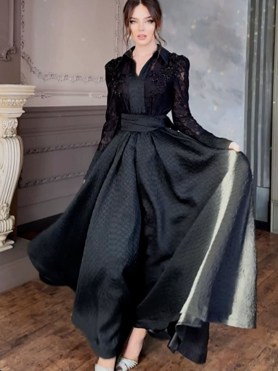 Beaded Flowers Lace Long Sleeve Formal Maxi Dresses