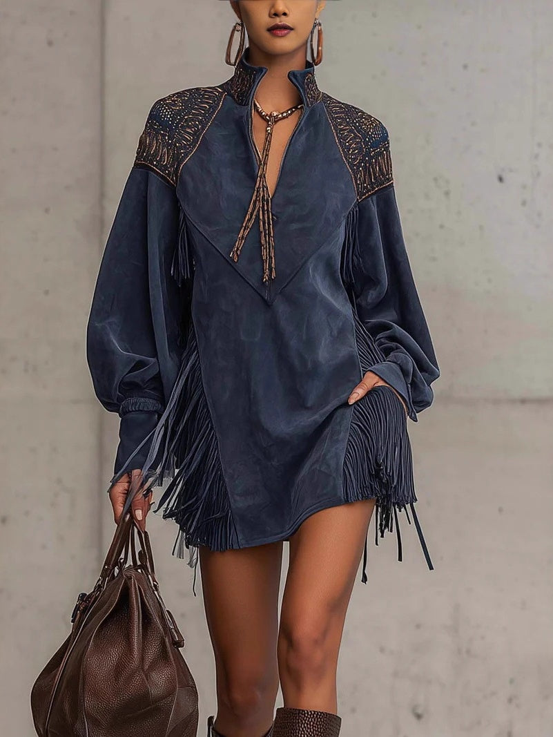 V-neck Long-sleeved Tassel Embroidered Tie-waist Short Dress