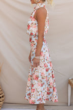Satin Floral Print Halter Neck Cowl Neck Two Piece Set