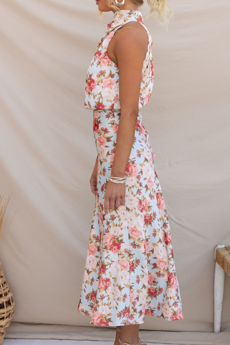 Satin Floral Print Halter Neck Cowl Neck Two Piece Set