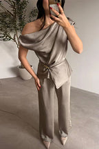 Asymmetrical Shoulder Ruched Top Straight Leg Pants Satin Set