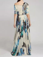 Pleated Printed Off Shoulder Vacation Maxi Dresses