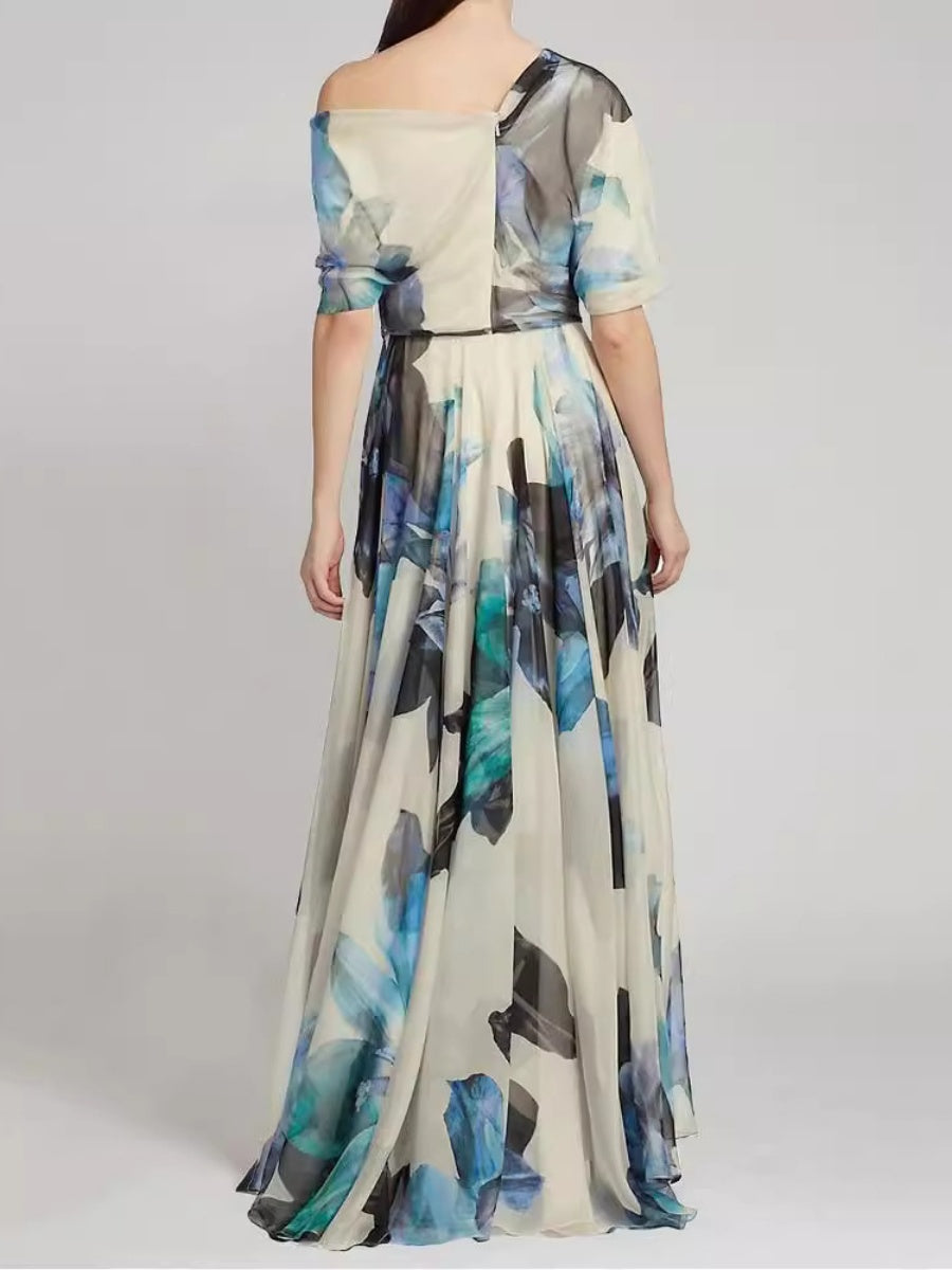 Pleated Printed Off Shoulder Vacation Maxi Dresses