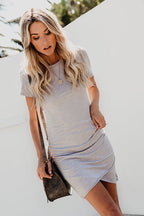 Ruched Crew Neck Puff Sleeve Tulip Hem Bodycon Mini Dress