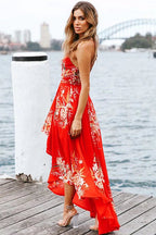 Floral Print Spaghetti Strap V-Neck High Low Ruffle Hem Maxi Dress