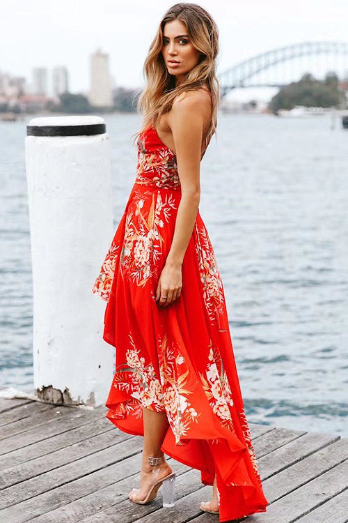 Floral Print Spaghetti Strap V-Neck High Low Ruffle Hem Maxi Dress