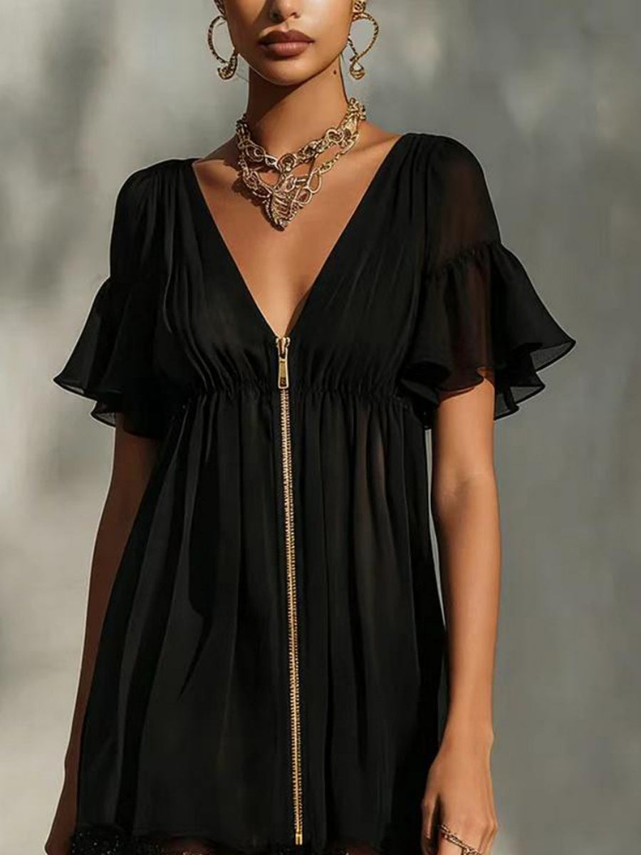 V-neck Zipper Cardigan Lace Splicing Mini&Short Dresses