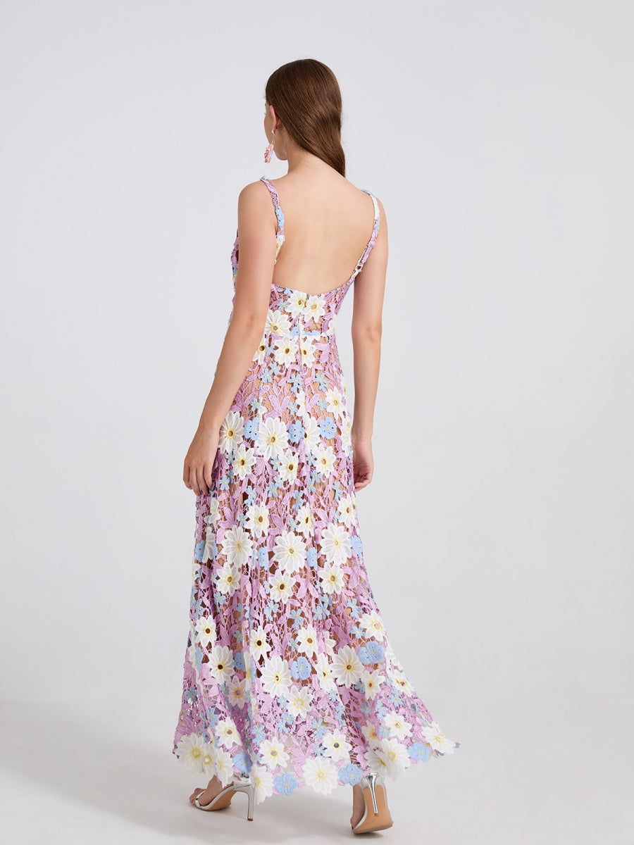 Lace Embroidery Spaghetti Strap Long Dress