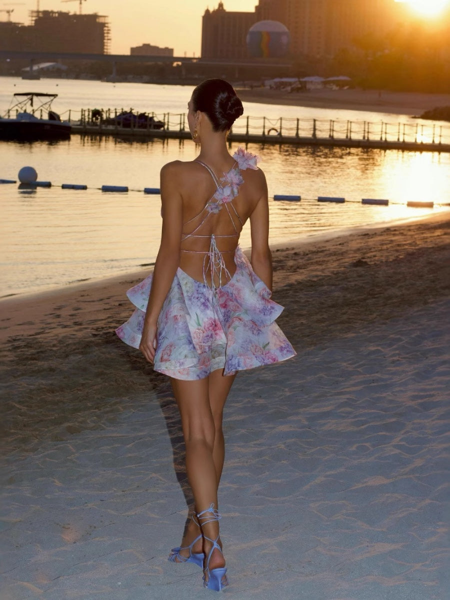 Three-dimensional Floral Print Backless Tie-up Short Dress