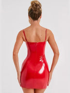 PU Glossy Leather Waist-cinching And Hip-hugging Camisoles Mini&Short Dresses