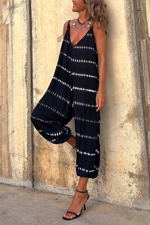 V Neck Stripes Tie Dye Cropped Cami Romper
