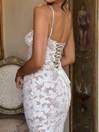 Lace See-through Strappy Slit Maxi Dresses