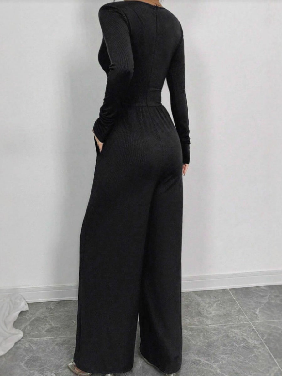 Deep V Solid Color Ribbed Sexy Slim Waist Elegant Jumpsuit