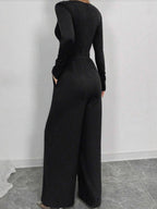 Deep V Solid Color Ribbed Sexy Slim Waist Elegant Jumpsuit