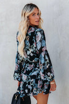 Floral Print V-Neck Button-Front Drawstring Waist Ruffle Hem Mini Dress
