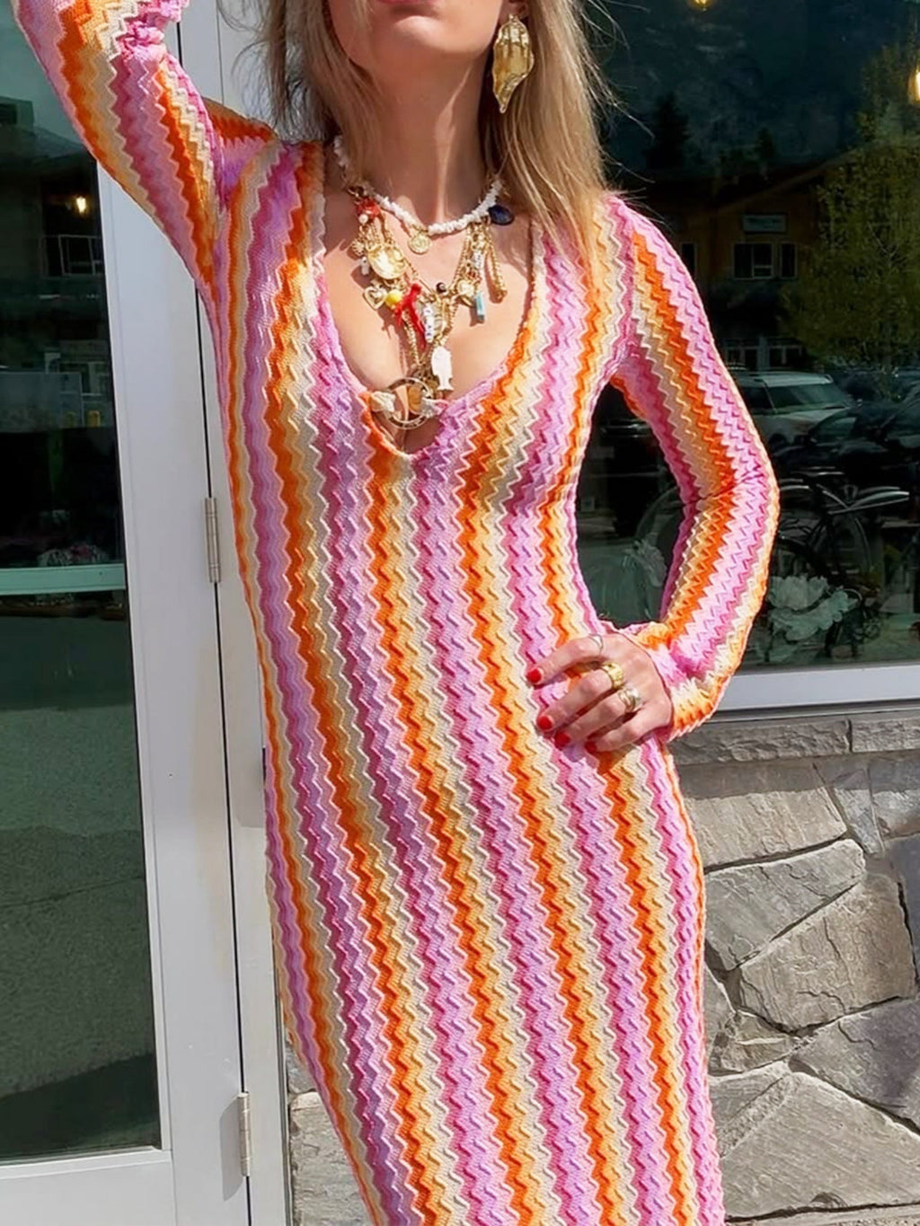 Striped Color Blocking V-neck Long Sleeve Maxi Dresses