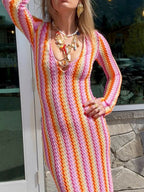 Striped Color Blocking V-neck Long Sleeve Maxi Dresses