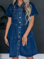 Denim Buttons Short-sleeved Collar Mini&Short Dresses
