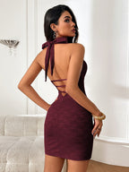 Lace Cutout Backless Halter Neck Bodycon Short Dress