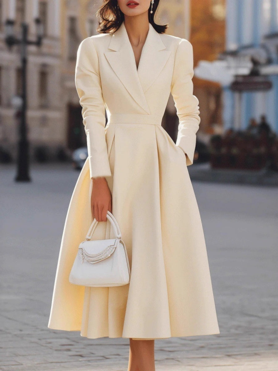 Lapel V-neck Waist Commuting Midi Dresses
