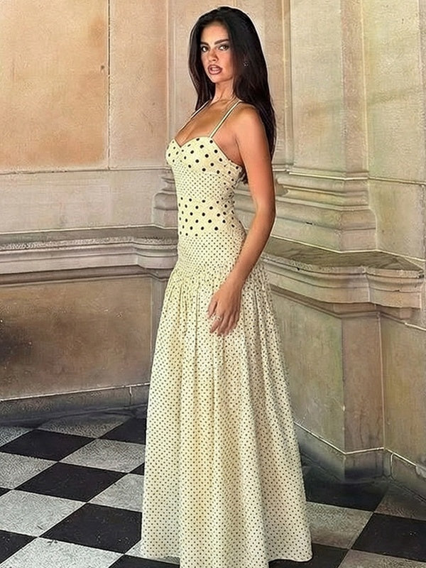 Polka Dot Retro Pleated Long Dress With A Halter Neck