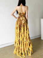 Printed Ruffle Deep V-neck Backless Maxi Dresses
