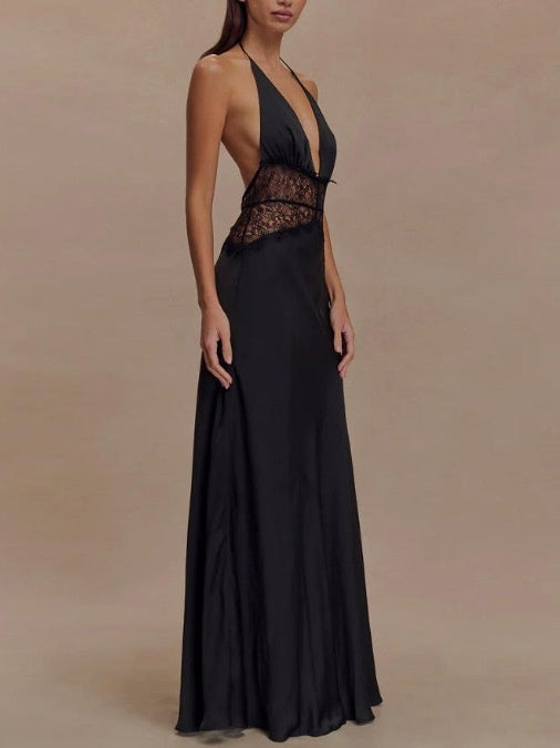 Deep V-neck Silk Satin Maxi Dress With Halter Neck And Cinched Waist