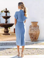 Shirt Collar, Slit, Pleated, Slim-fitting, Midi-length Dress