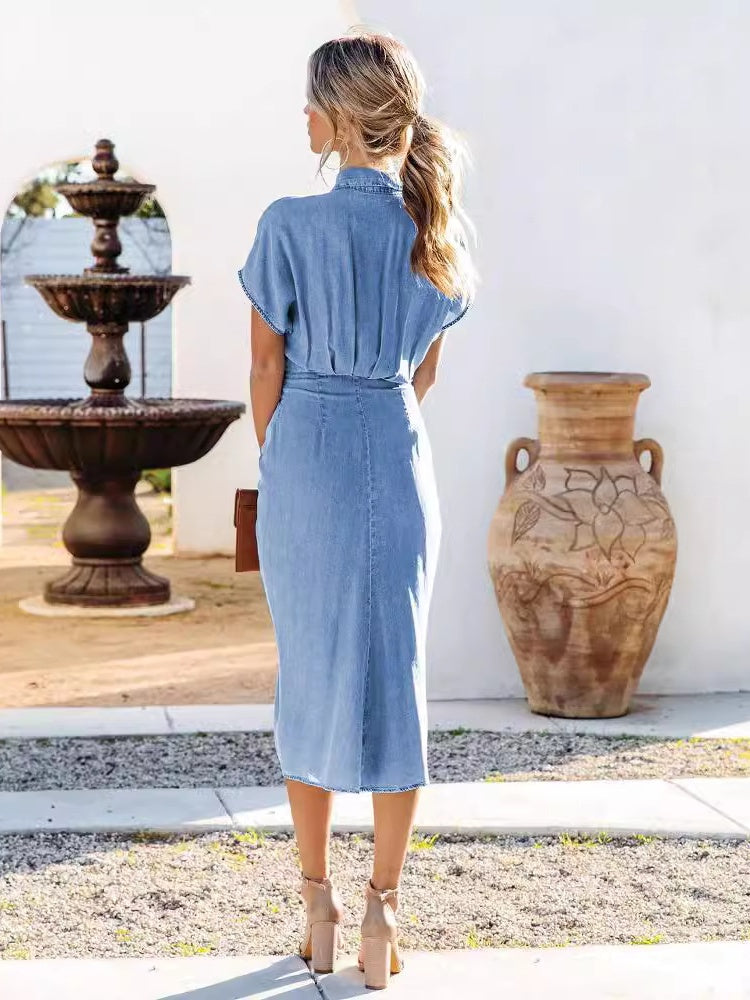 Shirt Collar, Slit, Pleated, Slim-fitting, Midi-length Dress