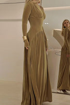 V Neck Long Sleeves Waisted Velvet Maxi Dress