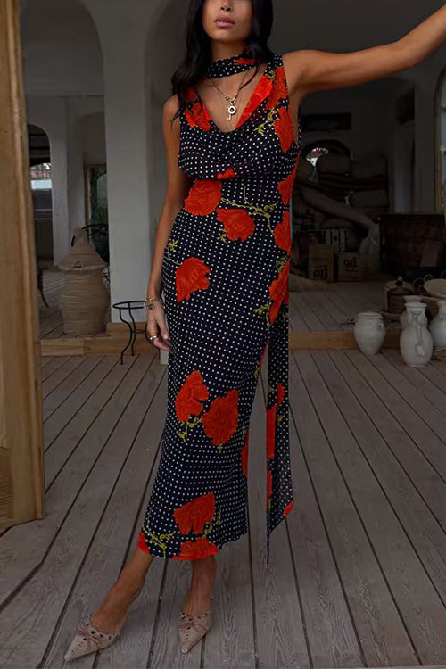 Cowl Neck Backless Floral Print Maxi Dress with Scarf