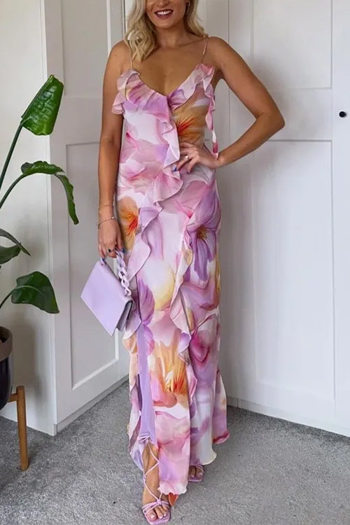 V Neck Backless Ruffle Trim Slit Floral Print Maxi Cami Dress