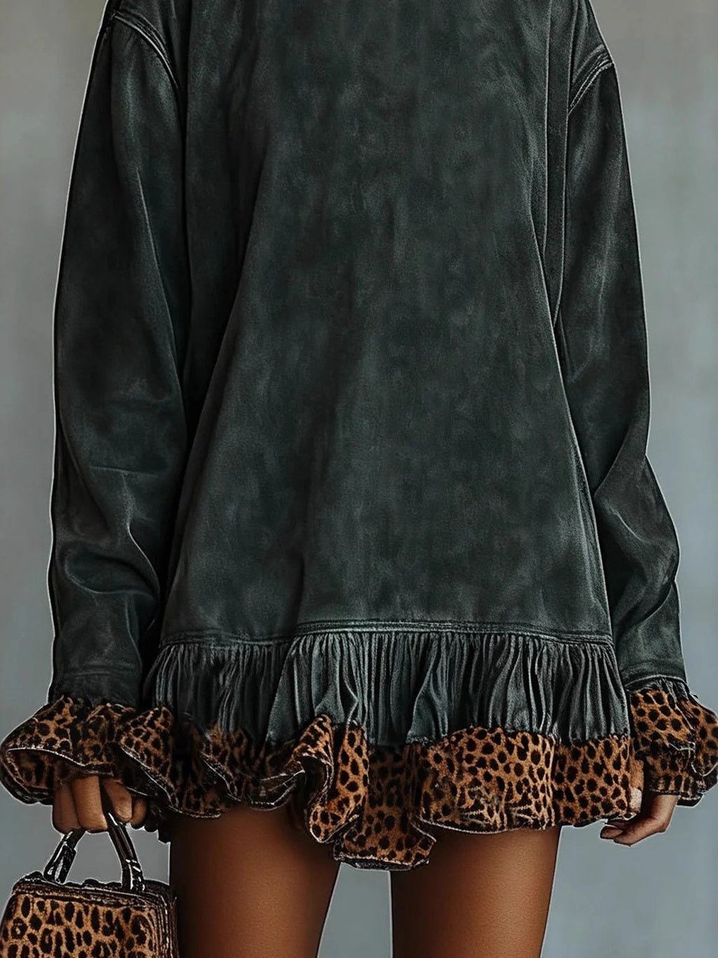 High-neck Long-sleeved Leopard Print Patchwork Short Dress
