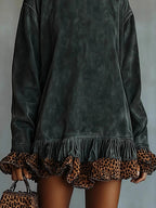 High-neck Long-sleeved Leopard Print Patchwork Short Dress