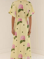 Printed V-neck Short Sleeve Waist Shaping Maxi Dresses