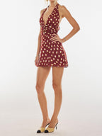 Plunging Halter Neck Ruched Ikat Dot Print Lettuce Hem Bodycon Mini Dress