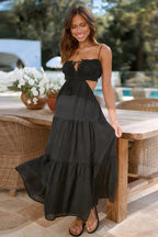 Spaghetti Strap Keyhole Bust Side Waist Cut Out Tiered Maxi Dress