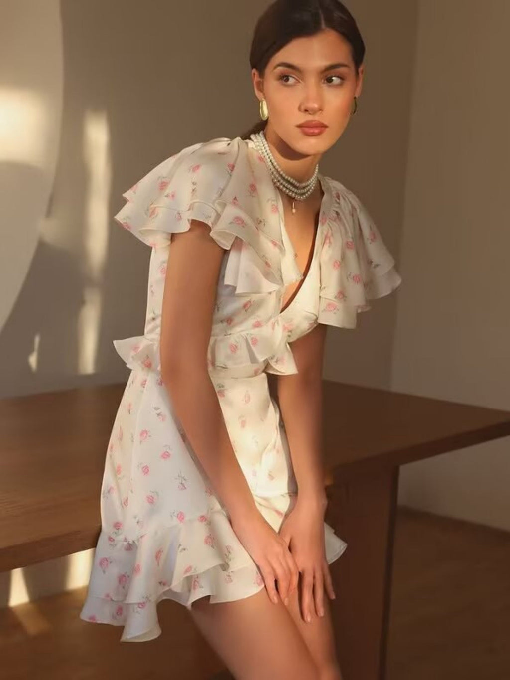 Floral Print Ruffled V-neck Mini&Short Dresses