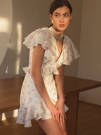 Floral Print Ruffled V-neck Mini&Short Dresses