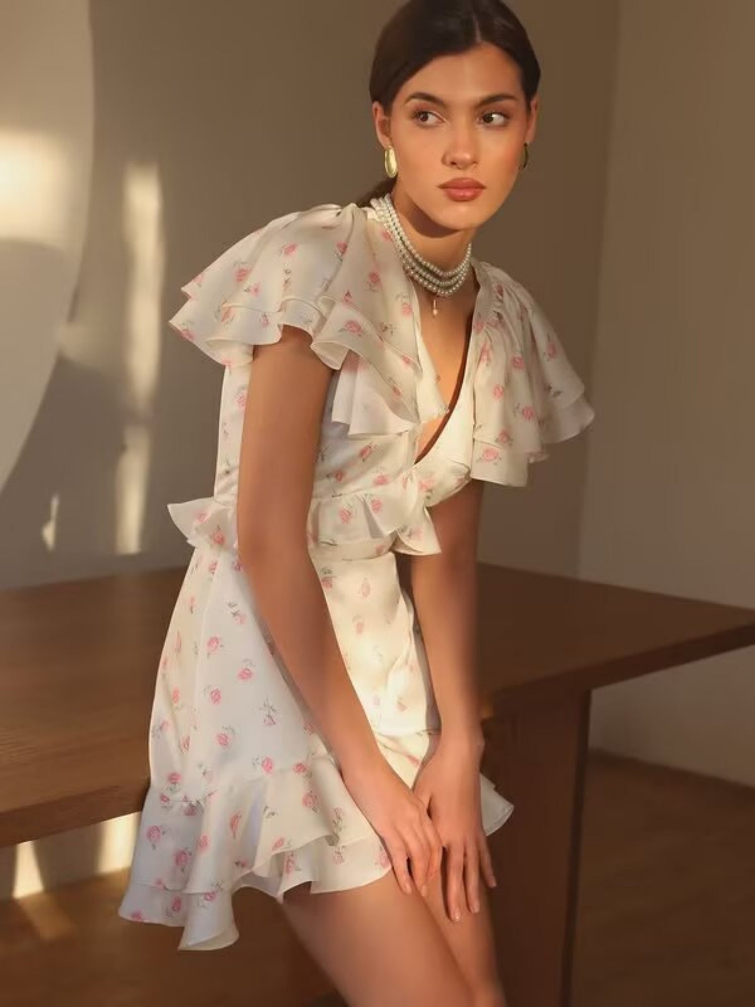 Floral Print Ruffled V-neck Mini&Short Dresses