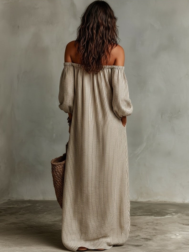 Striped Off-the-shoulder Long Dress